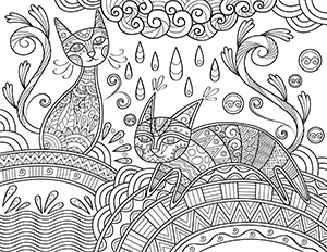 Whimsical Cat Adult Coloring Page