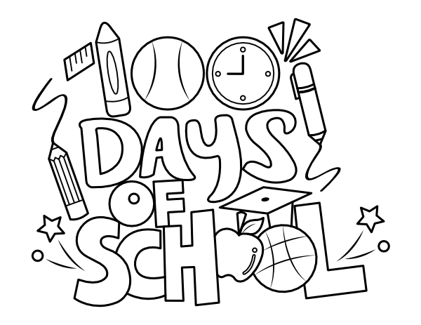 100 Days Of School With School Supplies Coloring Page