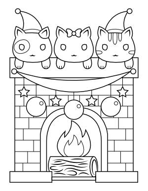 Christmas Cats and Fireplace Coloring Page