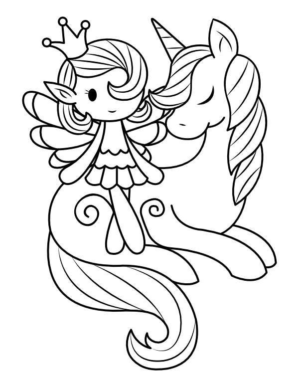 Fairy And Unicorn Coloring Page