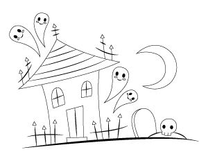 Haunted House and Graveyard Coloring Page
