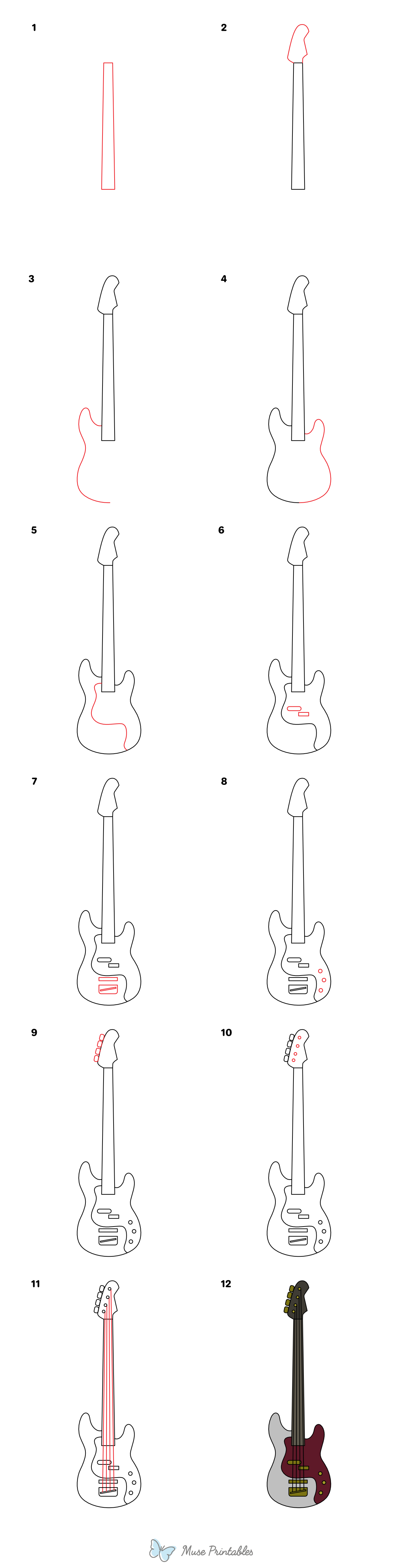 How to Draw a Bass Guitar - Printable Tutorial