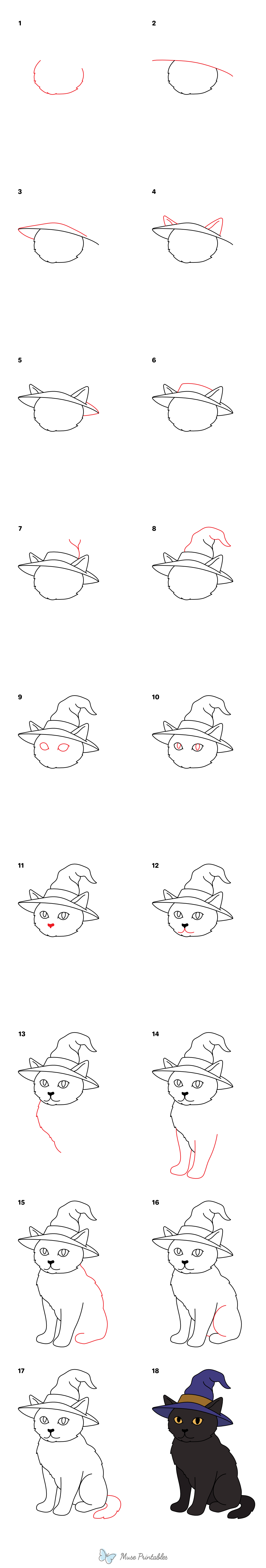 How to Draw a Cat With Witch Hat - Printable Tutorial