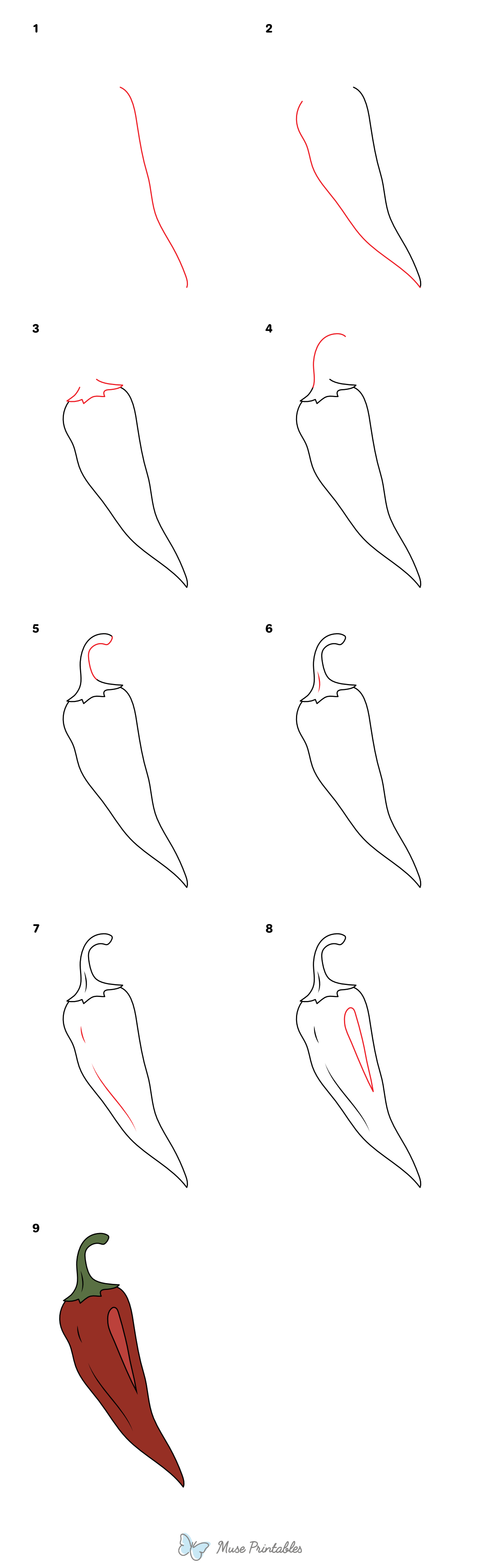 How to Draw a Chili Pepper - Printable Tutorial