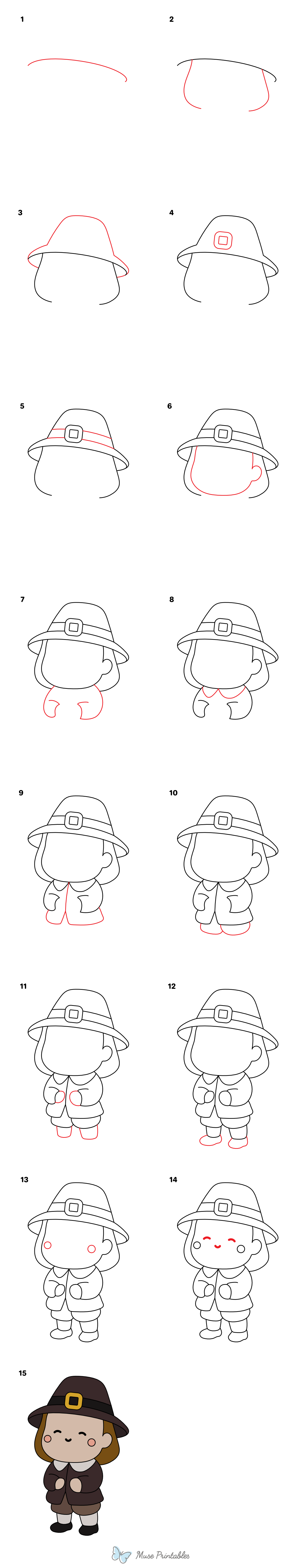 How to Draw a Cute Pilgrim - Printable Tutorial
