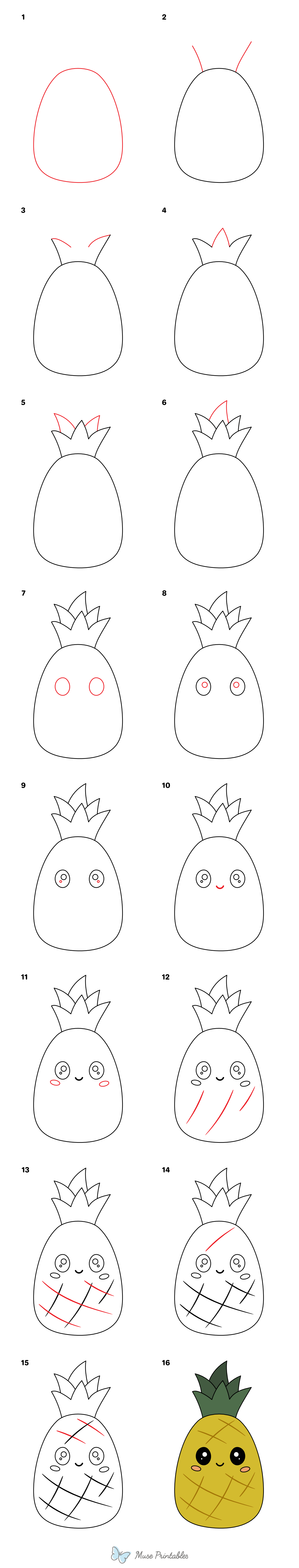 How to Draw a Cute Pineapple - Printable Tutorial