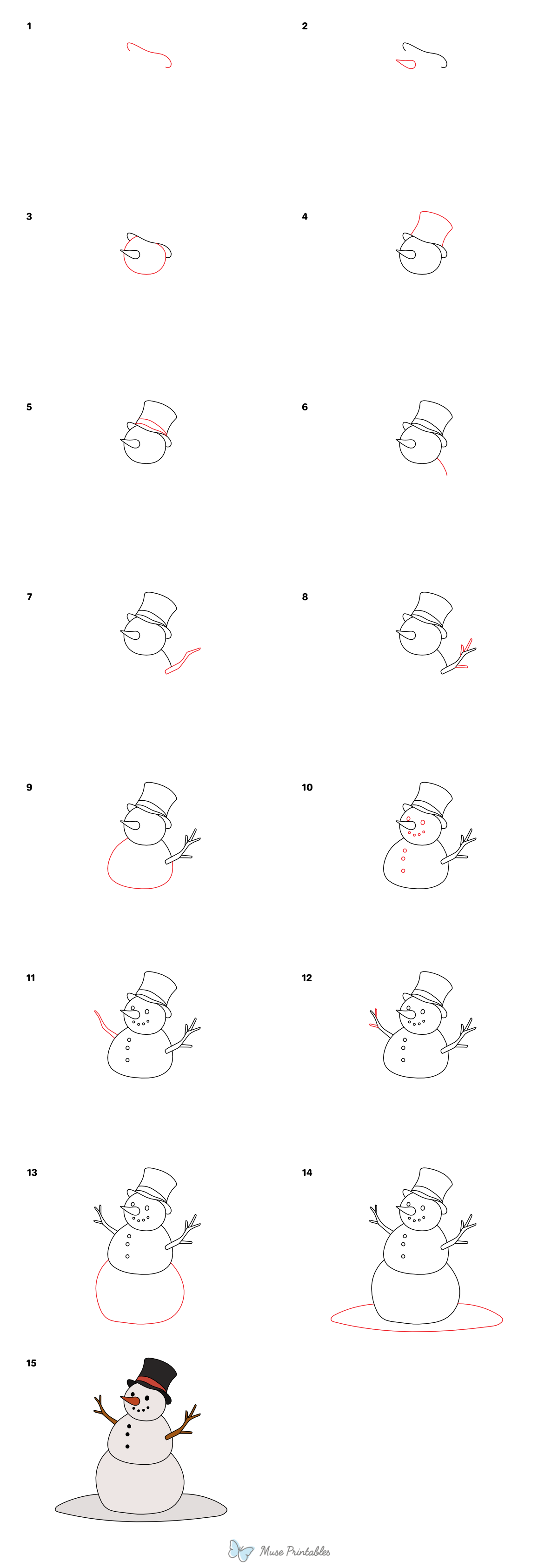 How to Draw a Snowman With Hat - Printable Tutorial