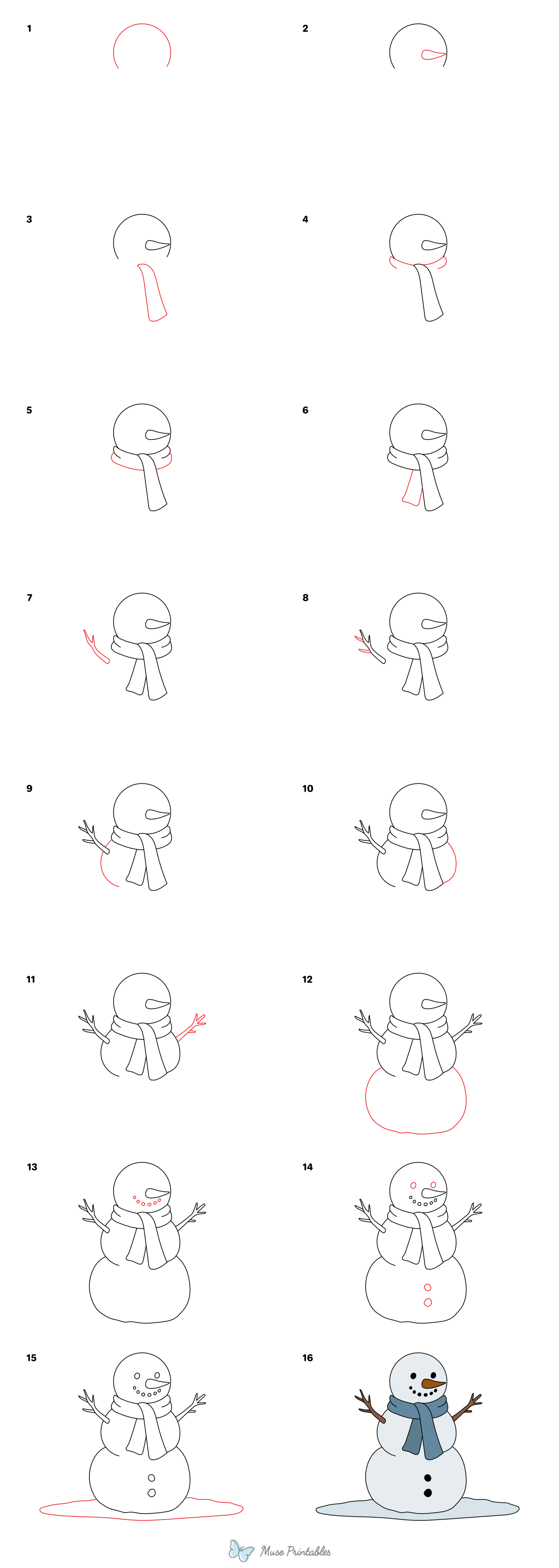 How to Draw a Snowman With Scarf - Printable Tutorial
