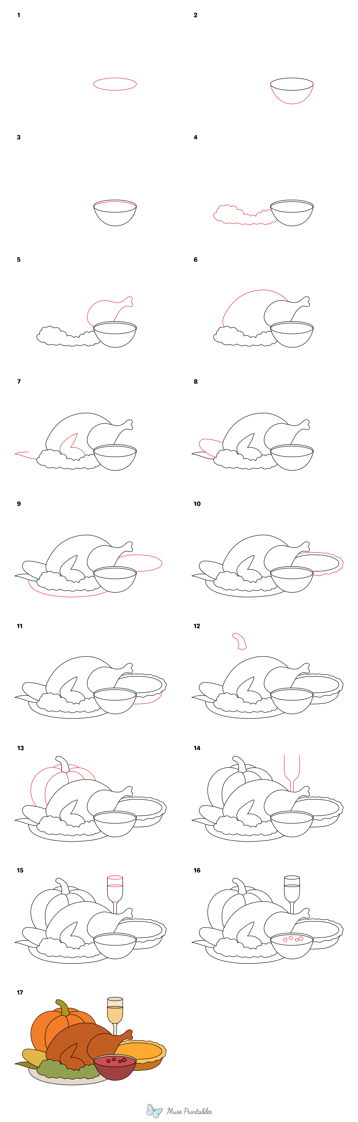 How to Draw a Thanksgiving Dinner - Printable Tutorial