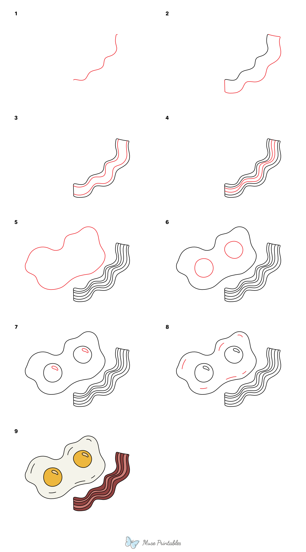 How to Draw Bacon and Eggs - Printable Tutorial