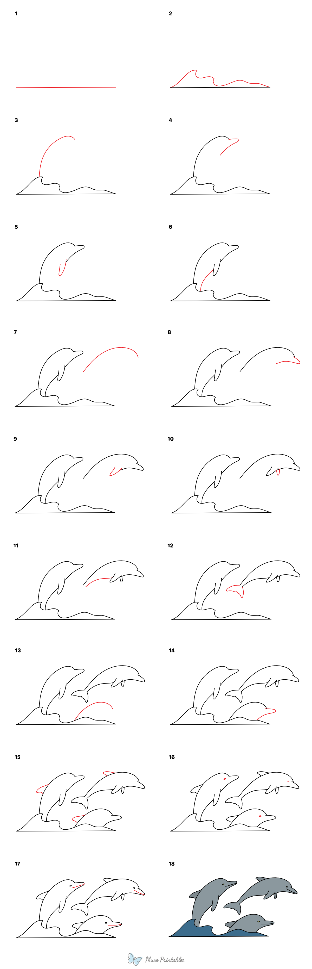 How to Draw Dolphins Jumping Out of Water - Printable Tutorial
