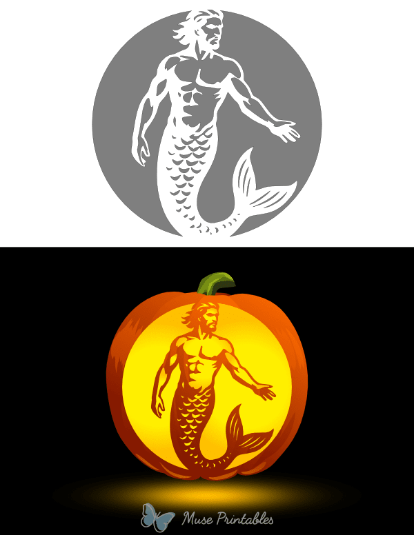 Detailed Merman Pumpkin Stencil