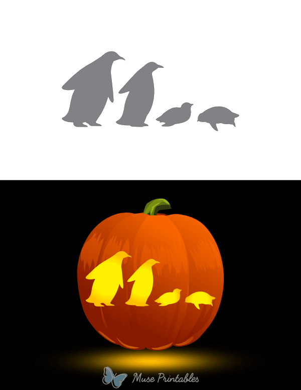 Penguin Parents With Baby Penguins Pumpkin Stencil