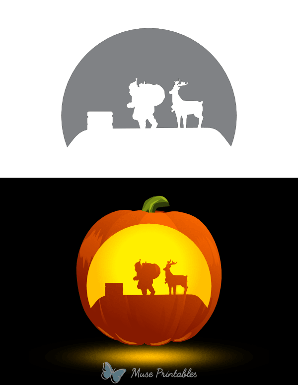 Santa Claus and Reindeer on a Roof Pumpkin Stencil