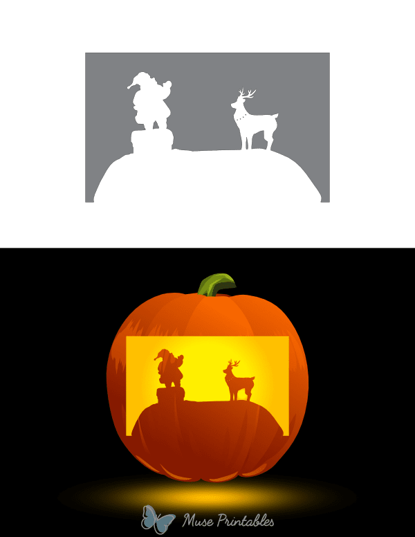 Santa Claus and Reindeer on Roof Pumpkin Stencil
