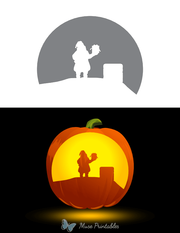 Santa Claus With Gift on Roof Pumpkin Stencil