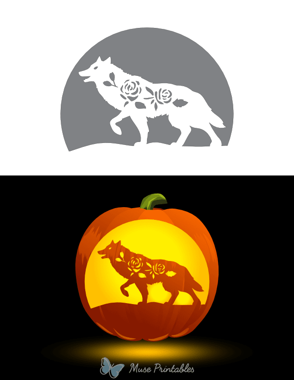 Wolf and Roses Pumpkin Stencil