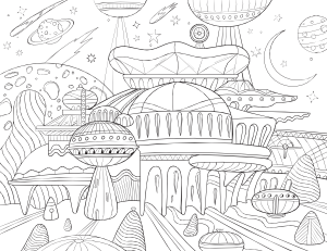 Alien City Adult Coloring Page