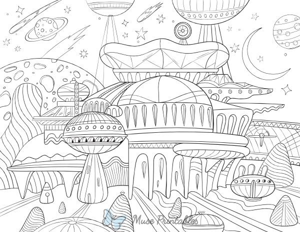 Alien City Adult Coloring Page