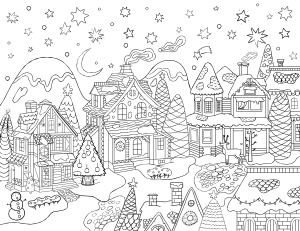 Christmas Village Adult Coloring Page