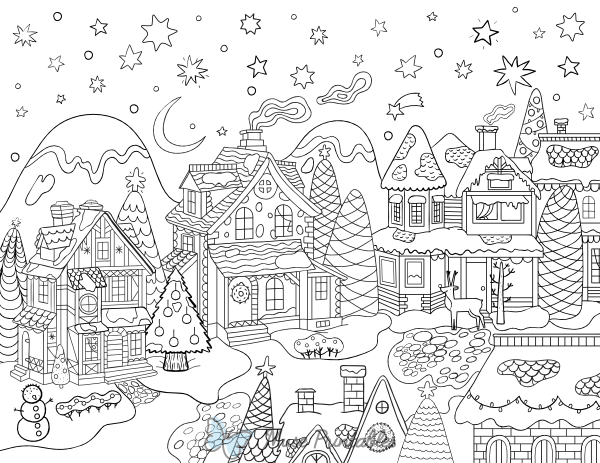 Christmas Village Adult Coloring Page