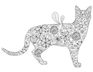 Floral Cat Adult Coloring Page