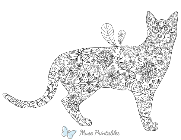 Floral Cat Adult Coloring Page