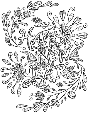 Floral Happy New Year Adult Coloring Page
