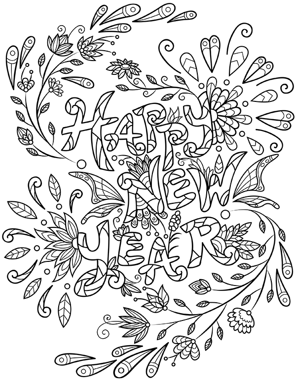 Floral Happy New Year Adult Coloring Page