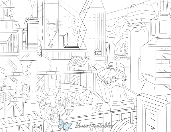 Futuristic Cityscape Adult Coloring Page