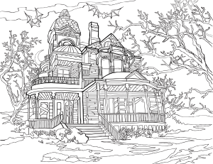 Haunted House Adult Coloring Page