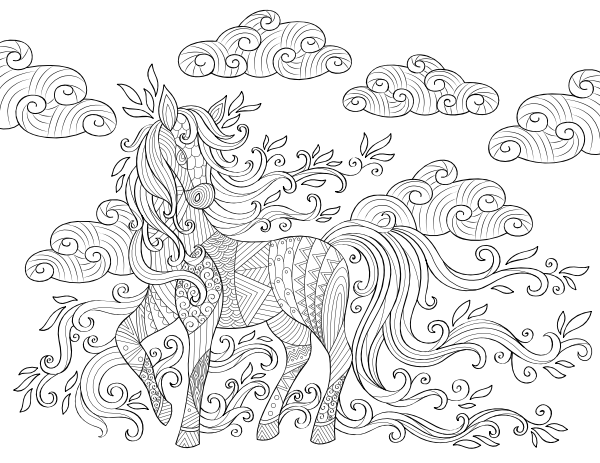 Horse and Clouds Adult Coloring Page
