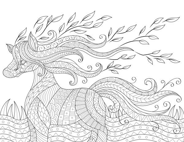 Horse and Leaves Adult Coloring Page