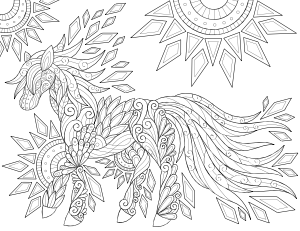 Horse and Sun Adult Coloring Page