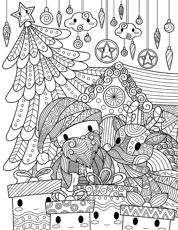 Kawaii Christmas Adult Coloring Page