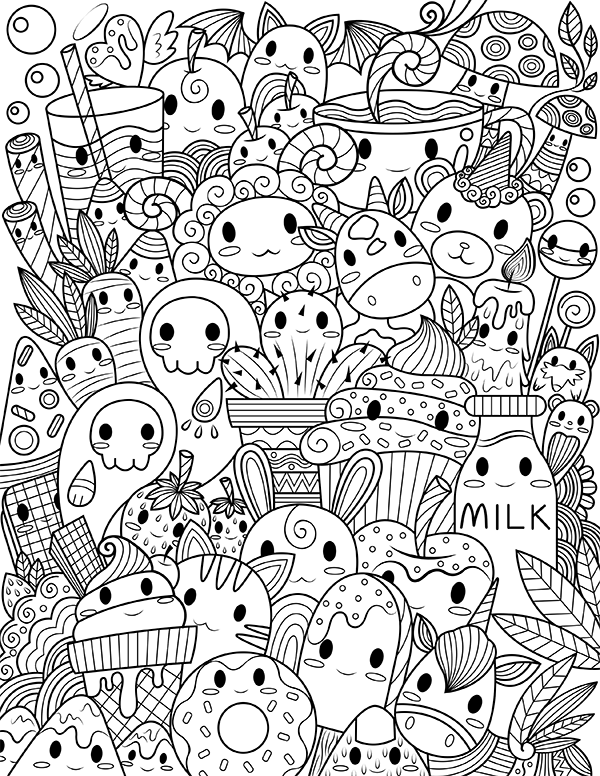 Kawaii Doodle Adult Coloring Page