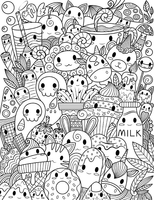 Download Printable Kawaii Doodle Adult Coloring Page