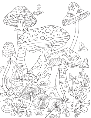 Mushrooms Adult Coloring Page