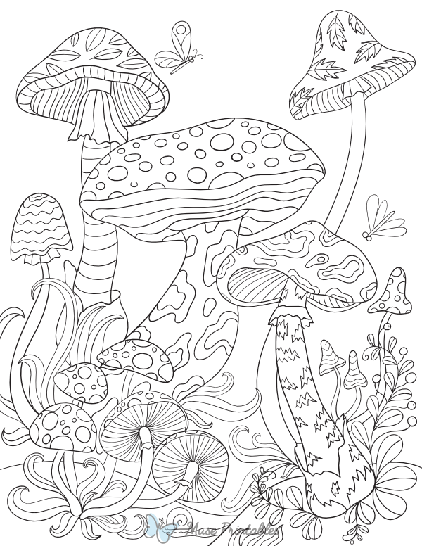 Mushrooms Adult Coloring Page