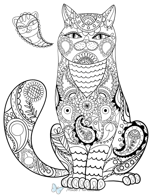 Paisley Cat Adult Coloring Page