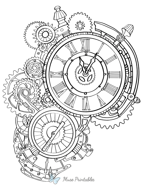 Steampunk Clock Adult Coloring Page