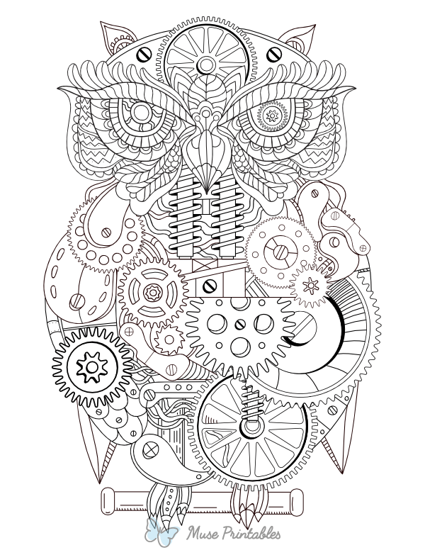 Steampunk Owl Adult Coloring Page