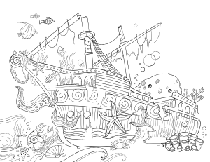 Sunken Ship Adult Coloring Page