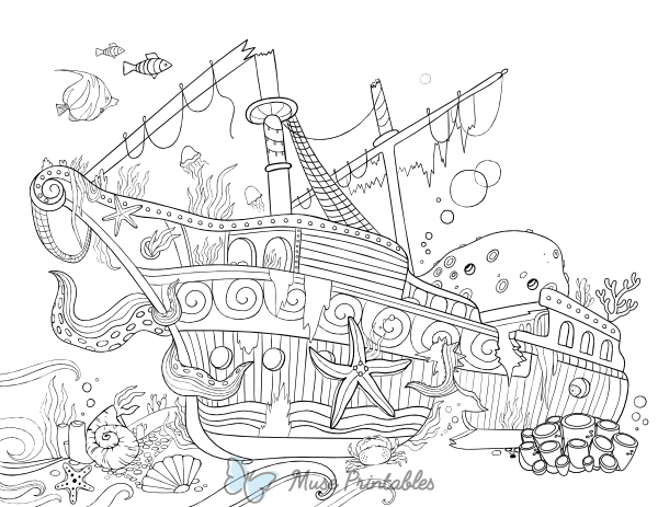 Sunken Ship Adult Coloring Page