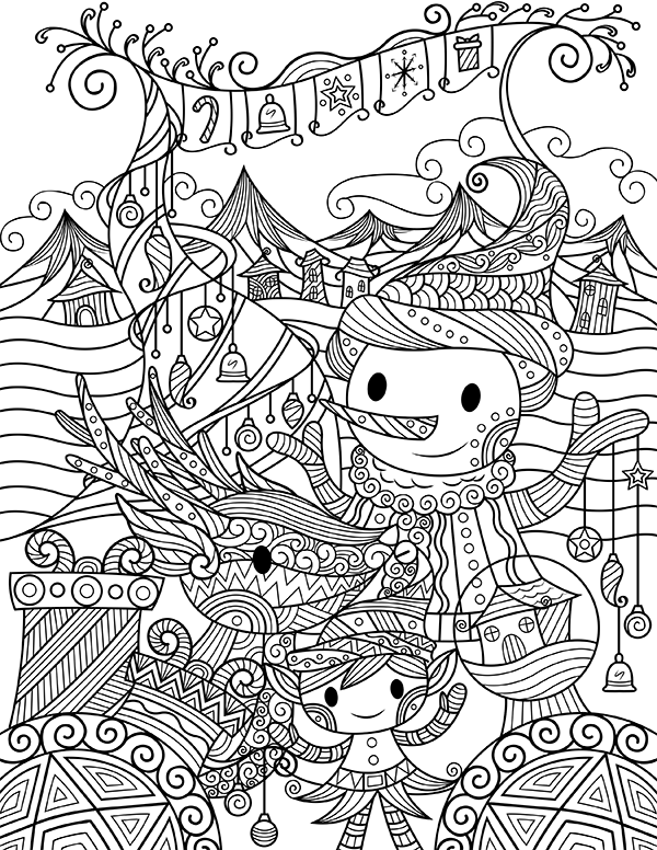 Whimsical Christmas Adult Coloring Page