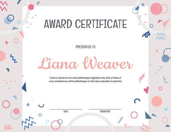 Blue And Pink Confetti Award Certificate Template