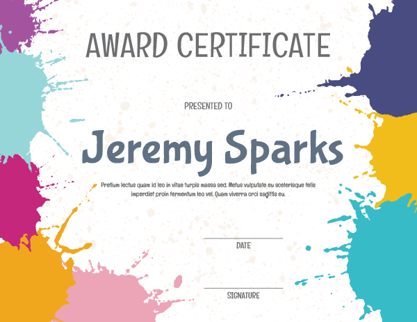 Bright Paint Splatter Award Certificate Template