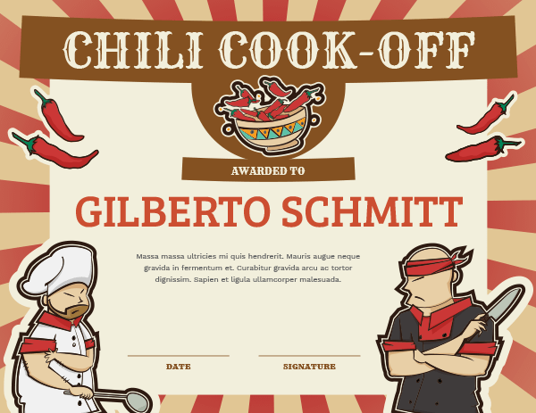Printable Chili Cook Off Award Certificate Template