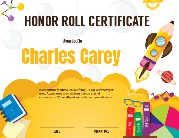 Elementary Honor Roll Award Certificate Template