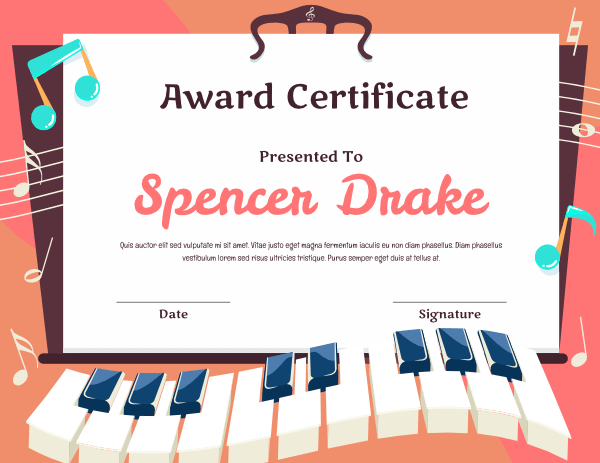 Elementary Piano Student Award Certificate Template